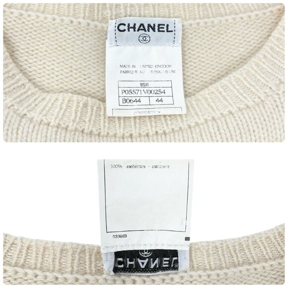 CHANEL Vintage 95A CC Logo Cashmere Knit Sweater Top Camellia Bow Cream [106236] - Picture 12 of 12